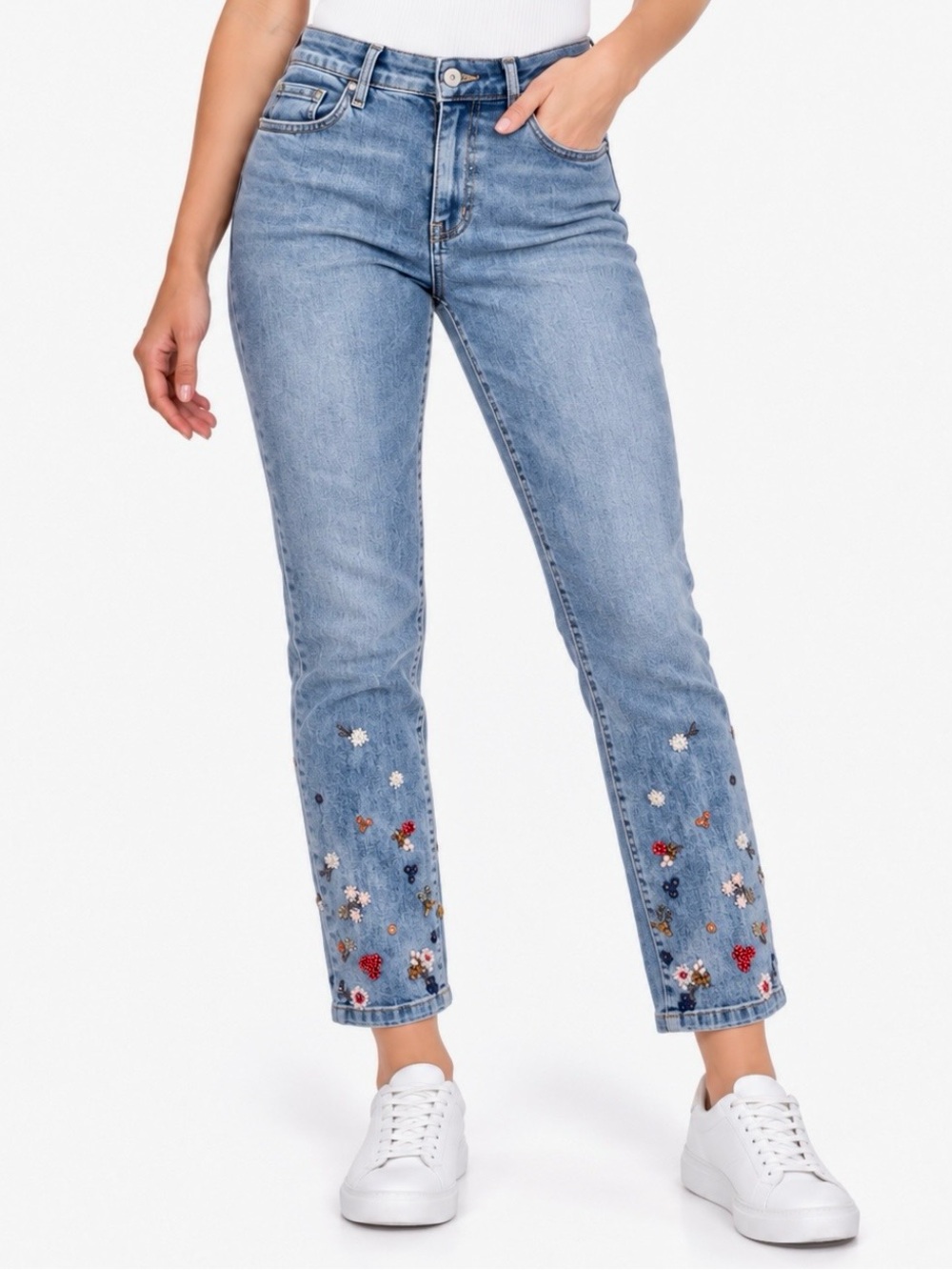 Charlie B Embroidered Hem Slim Leg Stretch Jeans Size 8 Medium Blue Floral